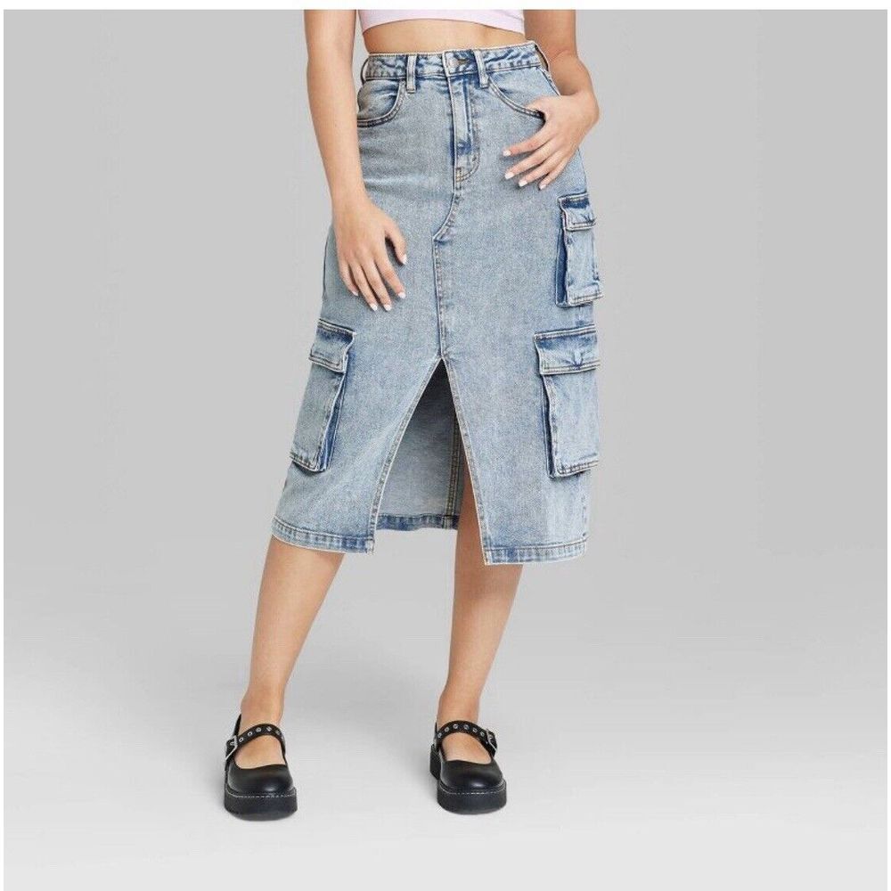 Women's Wild Fable Denim Midi Cargo Skirt Medium Denim Wash Size XXS